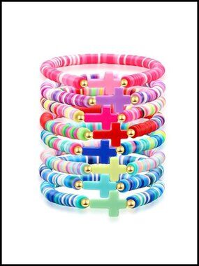 Christian Cross Beaded Stretch Bracelet Stackable Unisex Clay Beads